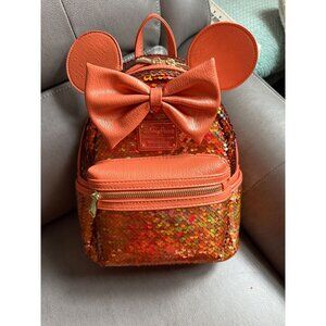 Disney Parks Loungefly Minnie Mouse Orange Sequin Mini Backpack With Bow & Ears